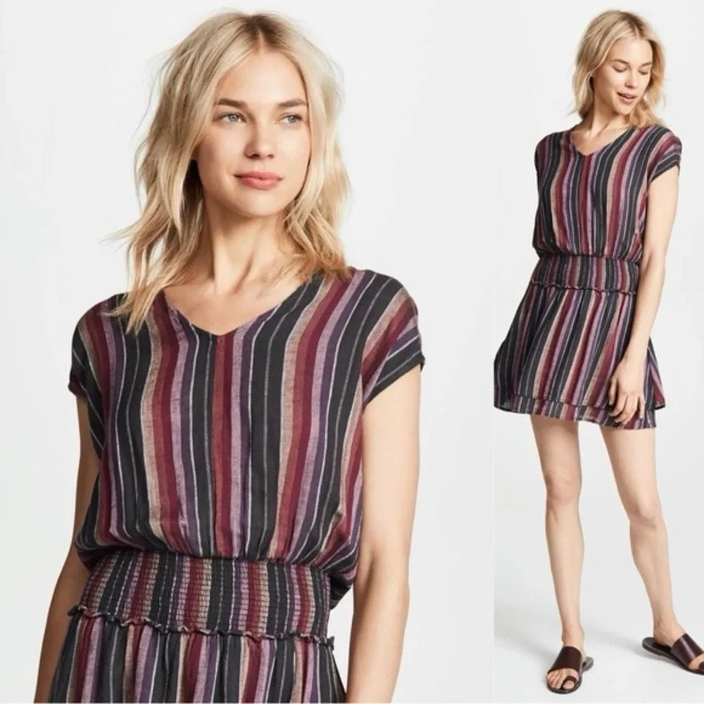 Rails Lucca Brava Stripe Mini Dress Smocked V-Neck Linen Blend Size M